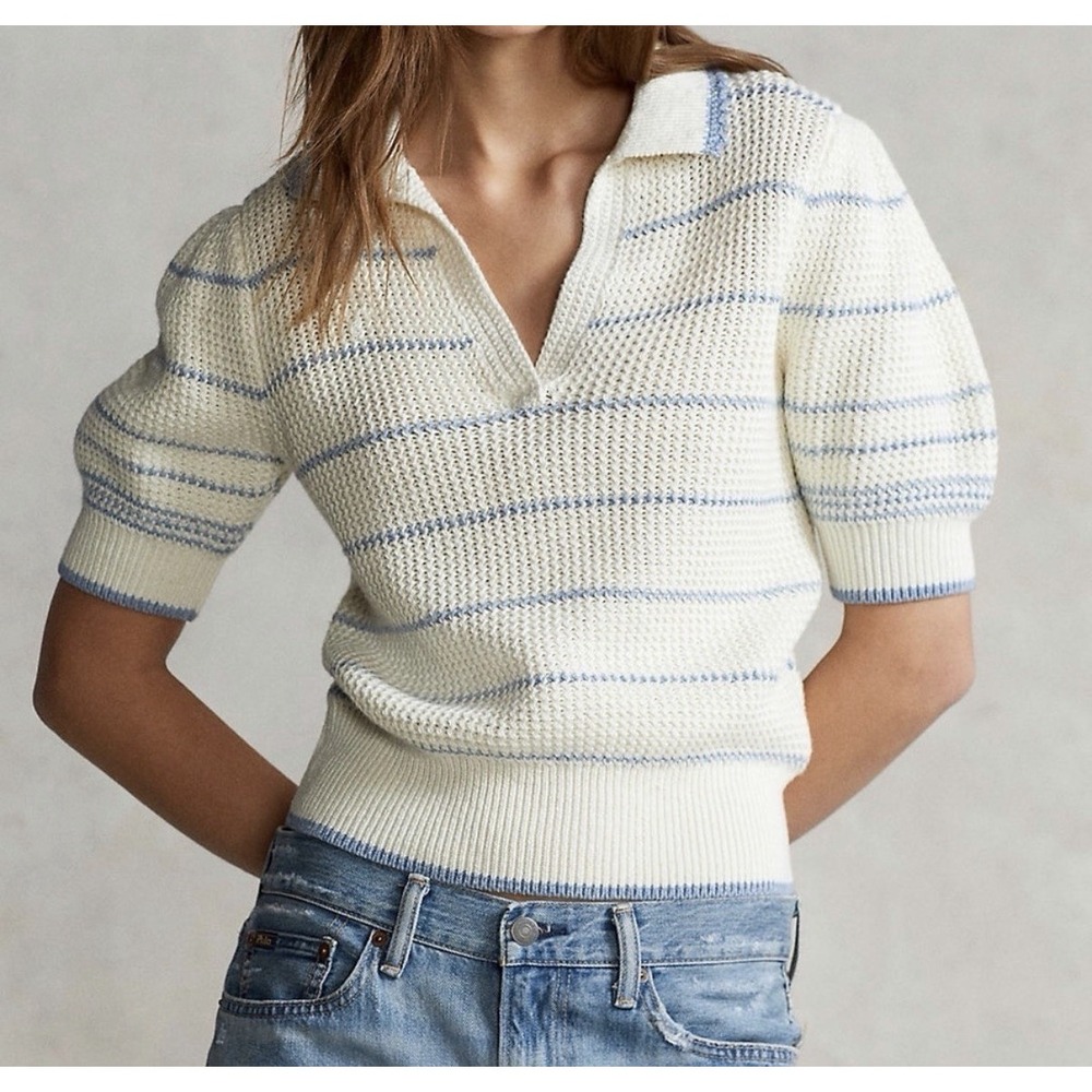 Polo Ralph Lauren Striped Cotton-Linen Polo Sweater Size L Coastal Preppy  $349